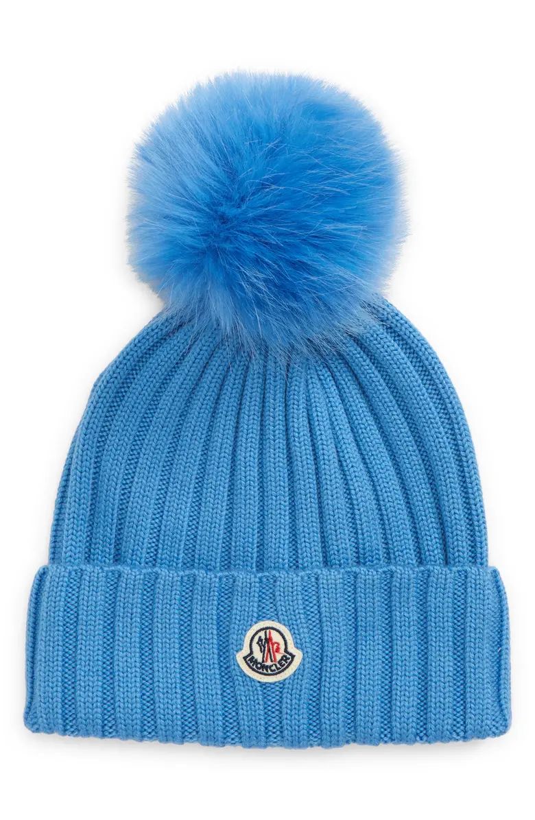 Moncler Wool Rib Beanie with Faux Fur Pompom | Nordstrom | Nordstrom