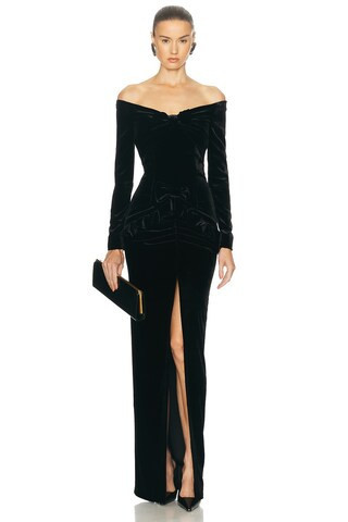 Alessandra Rich Off The Shoulder Gown in Black | FWRD 