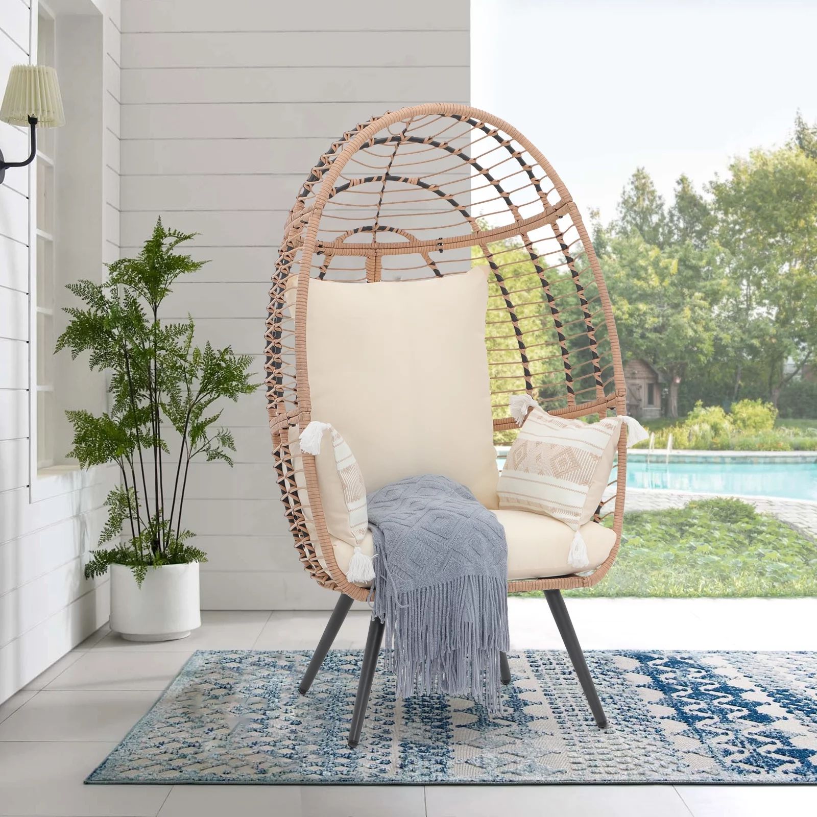 JOIVI Wicker Egg Chair, Outdoor Indoor Oversized Stationary Egg Chair with Stand and Cushions, La... | Walmart (US)