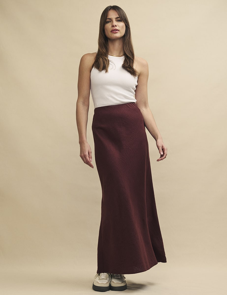 Brown Linen-Blend Mila Midi Skirt | Nobody's Child
