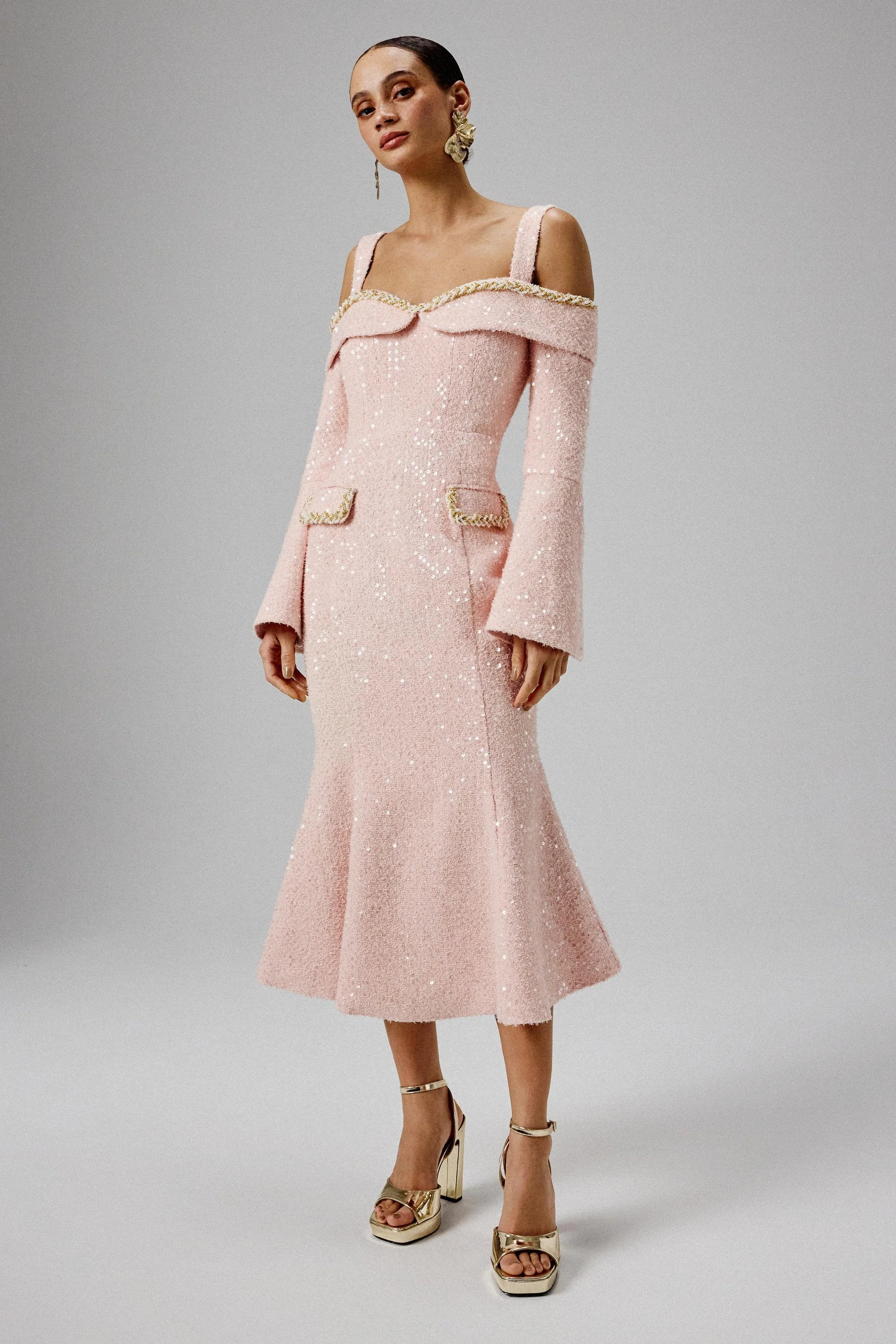 MANDI Sequin Boucle Bardot Long Midi Dress in Pink | Lavish Alice Retail Ltd