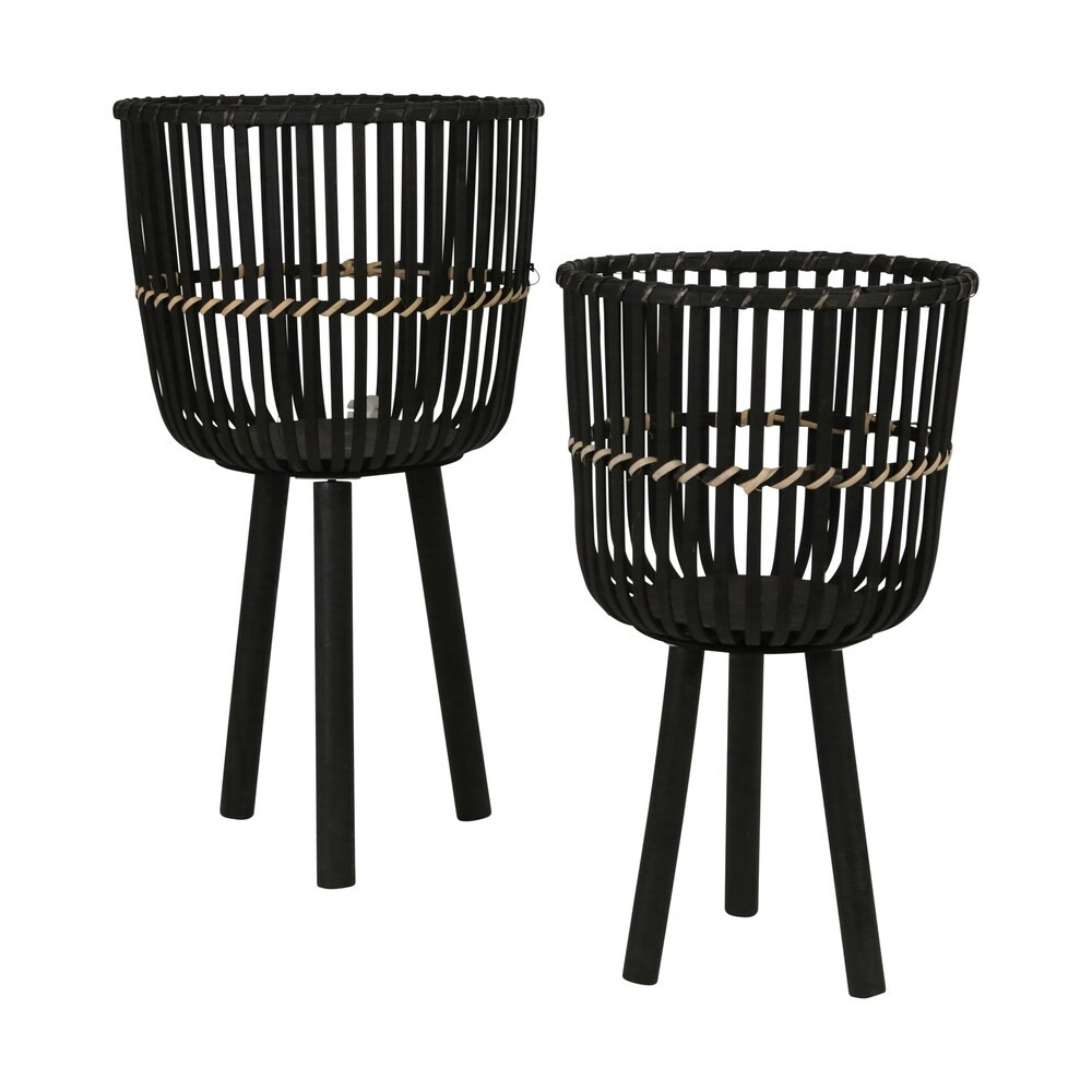 28/22"H Bamboo Planters, Black (Set of 2) (Planter Pot - Wicker/Rattan - Assembled - Black - Modern  | Bed Bath & Beyond