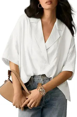 VNIRA Womens Summer Short Sleeve Blouse Casual V Neck Tops | Drop Shoulder, Short Shirts, Cropped... | Amazon (US)