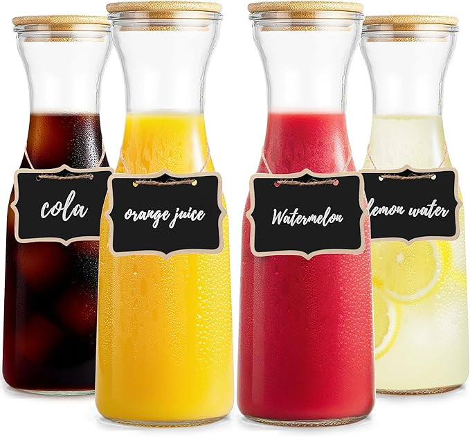 Glass Carafe with Bamboo Lid, Set of 4 Round 35 Oz Beverage Dispensers Carafe, Mimosa Bar Supplie... | Amazon (US)