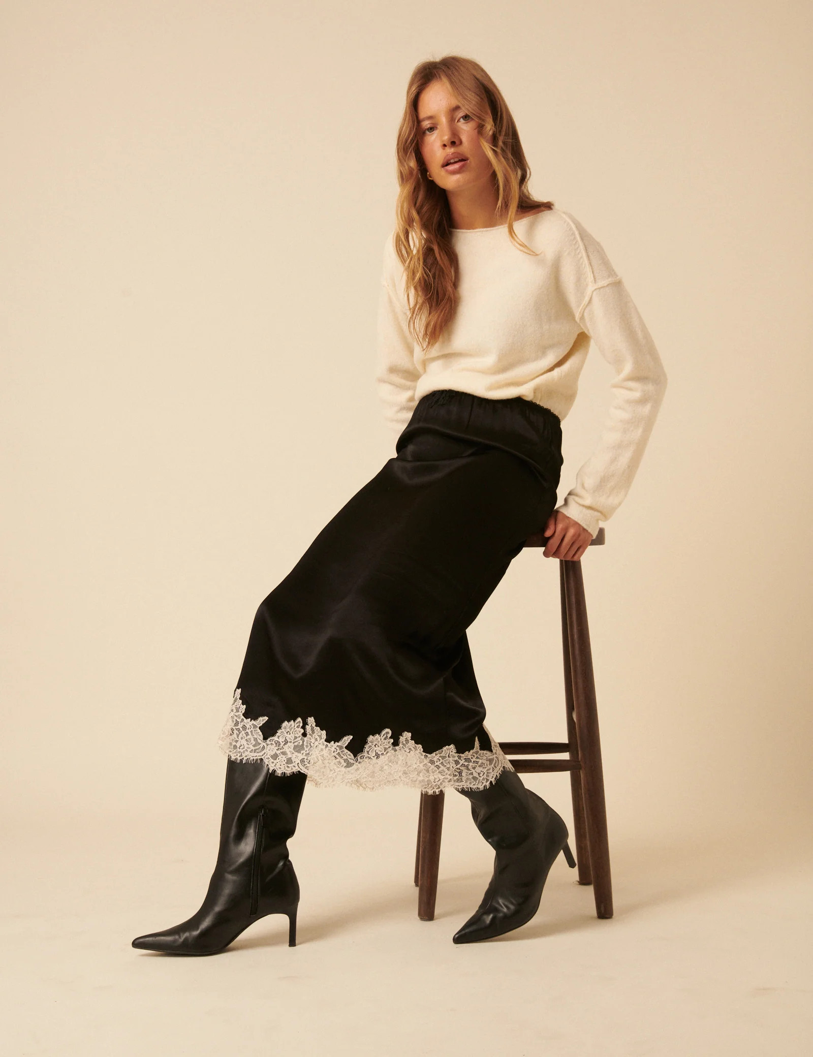 Black Lace Trim Satin Midi Skirt | Nobody's Child