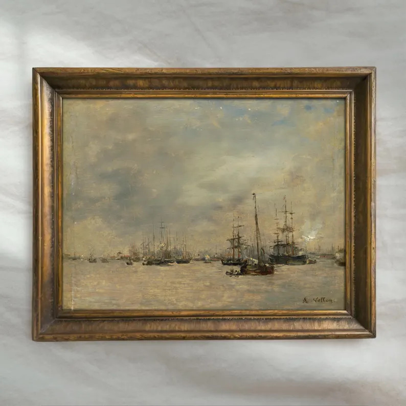 Vintage Harbor Ships Painting | Antique Maritime Wall Decor | Nautical Seascape Artwork | Mailed ... | Etsy (US)