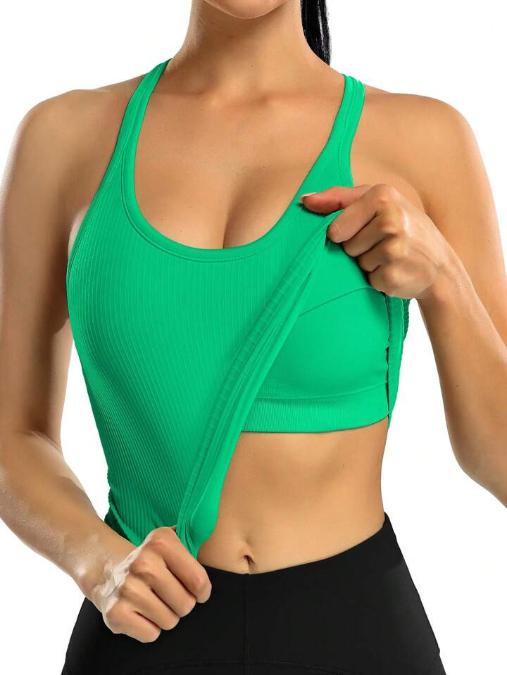 Women Round-Neck Solid Color Sports Vest With Built-In Bra (One-Piece) | SHEIN