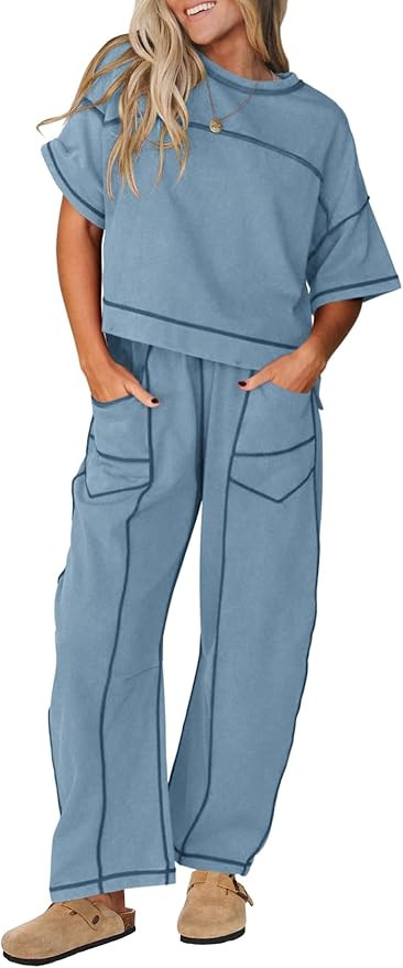 Women's Two Piece Sets Short Sleeve Crew Neck Tops Barrel Leg Sweatpants Lounge Matching Sets Tra... | Amazon (US)