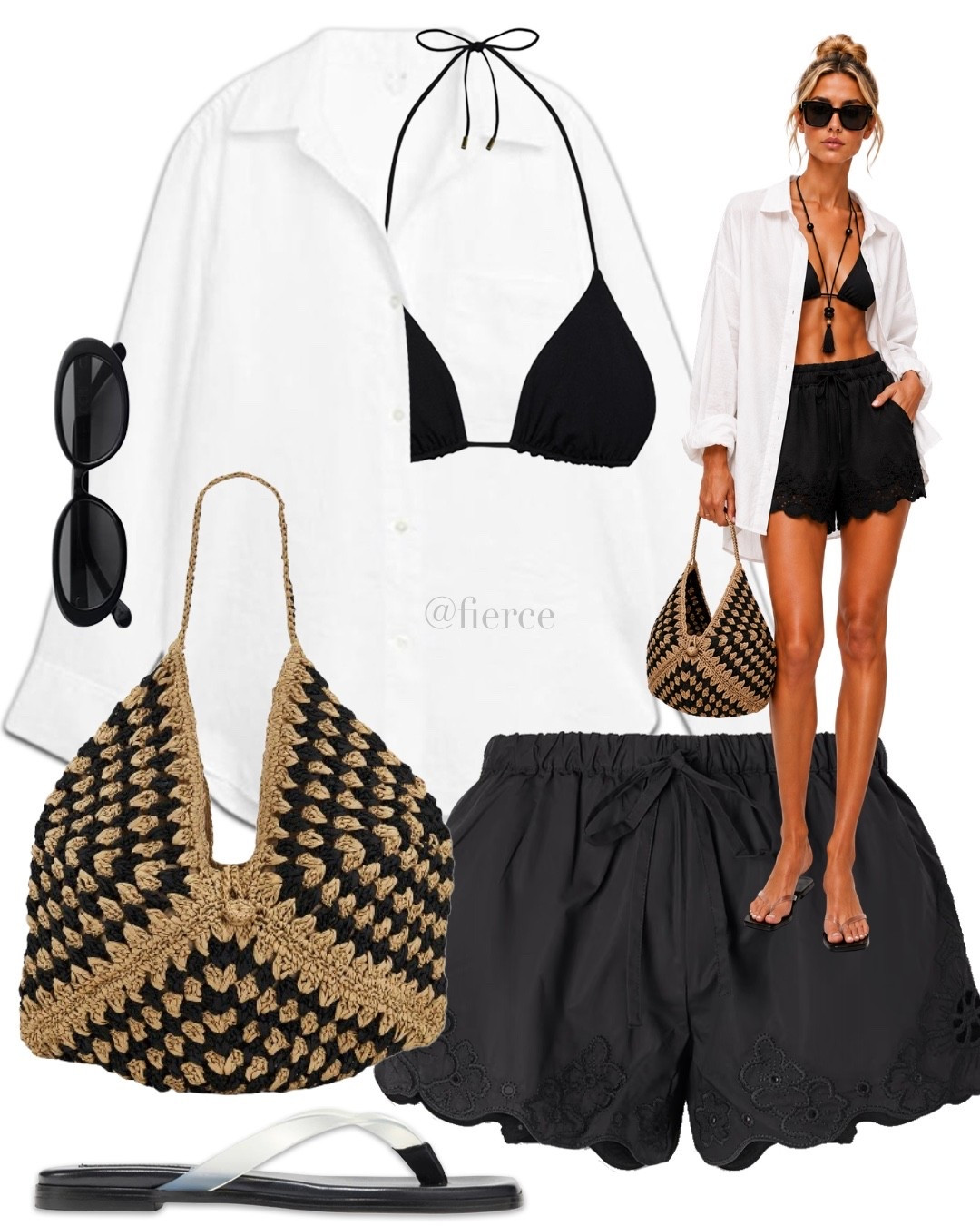 White linen shirt black embroidered shorts striped patterned raffia bag black triangle bikini

#LTKuk #LTKsummer #LTKeurope