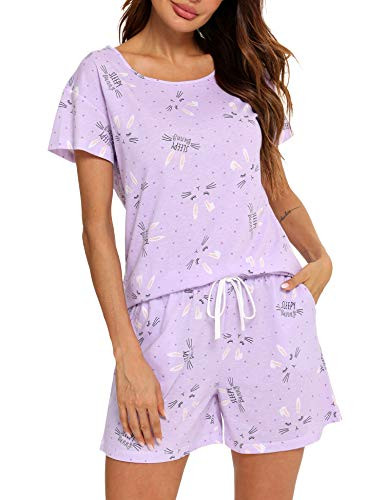 ENJOYNIGHT Womens Pajama Shorts Sets Cotton Pjs Summer Cute Sleepwear with Pockets(Medium, Bunny) | Amazon (US)