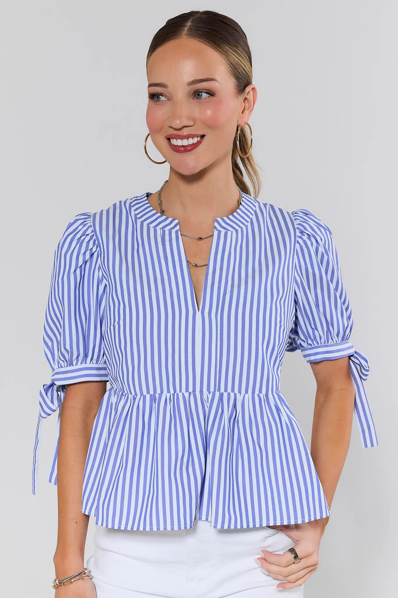 Blue Striped Short Sleeve Peplum Top | Avara