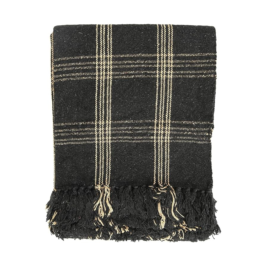 Plaid Black & Tan Fringed Woven Cotton Blend Throw | Amazon (US)