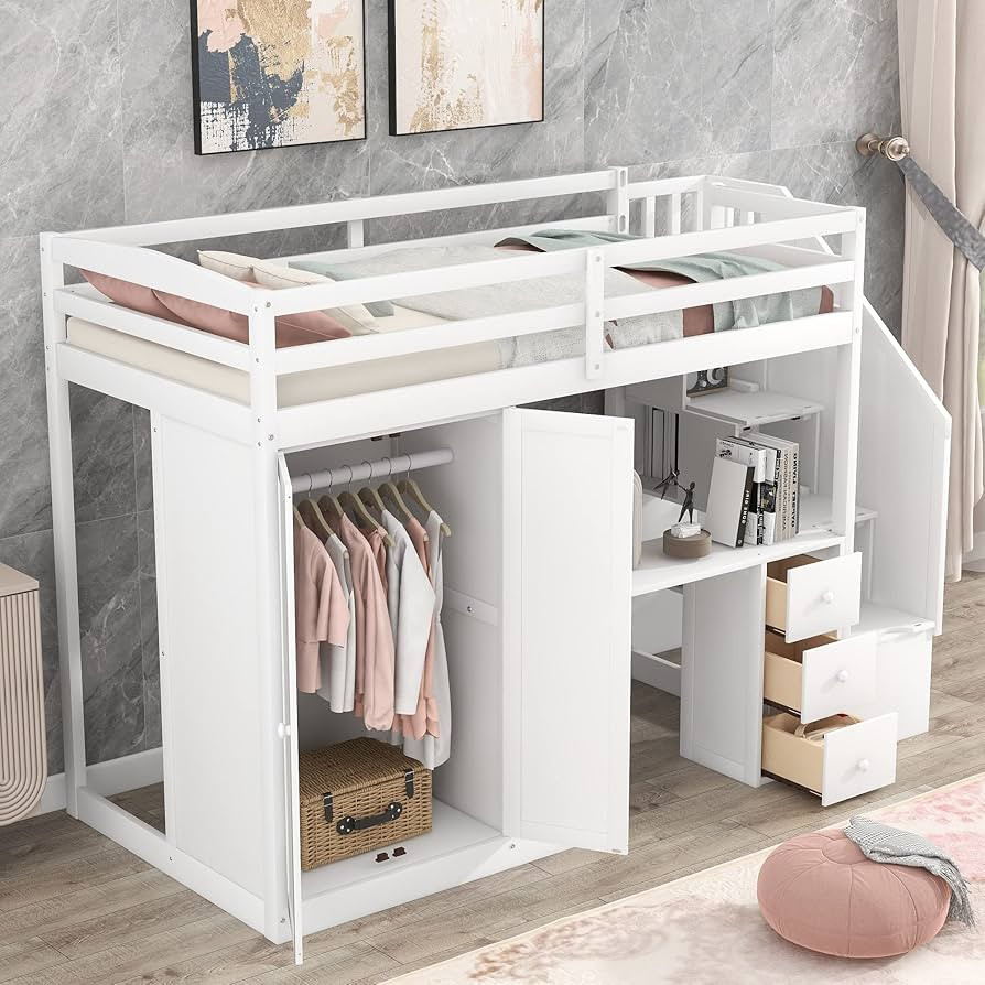 BIADNBZ Twin Size Loft Bed with Stairs and Wardrobe, Wooden Bedframe w/Desk, Storage, Drawers, Ca... | Amazon (US)