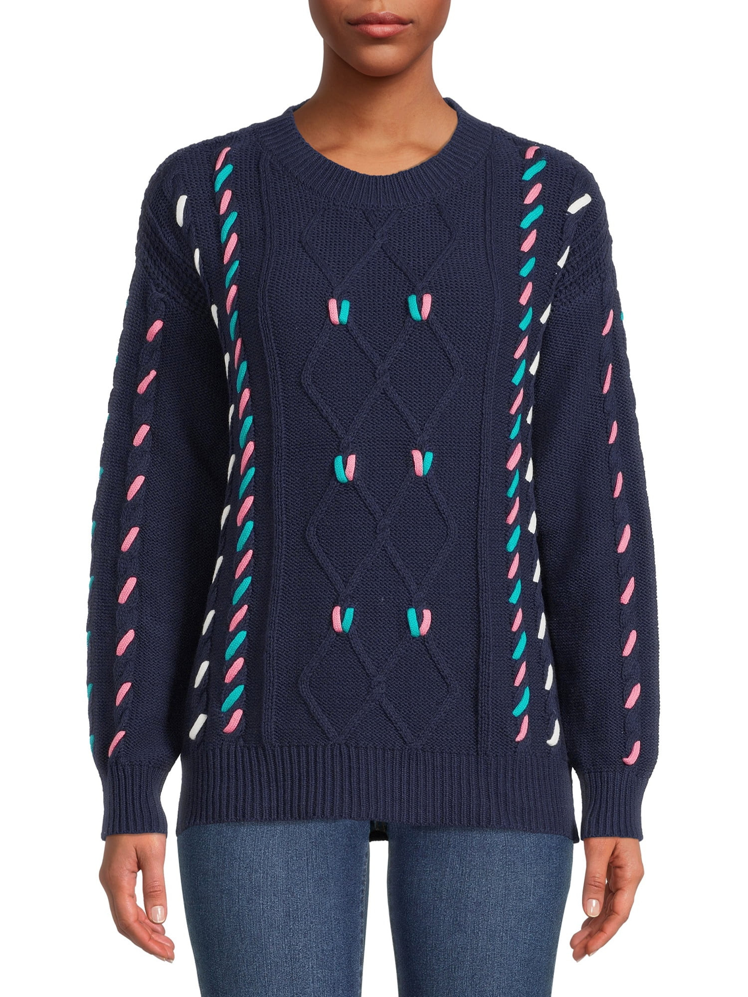 Time and Tru Women's Long Sleeve Crewneck Embroidery Sweater | Walmart (US)