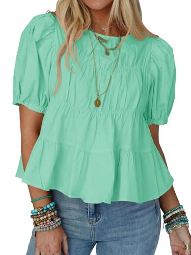 Tankaneo Womens Puff Sleeve Peplum Babydoll Tops Summer Flowy Pleated Cotton T-Shirts Casual Loos... | Amazon (US)