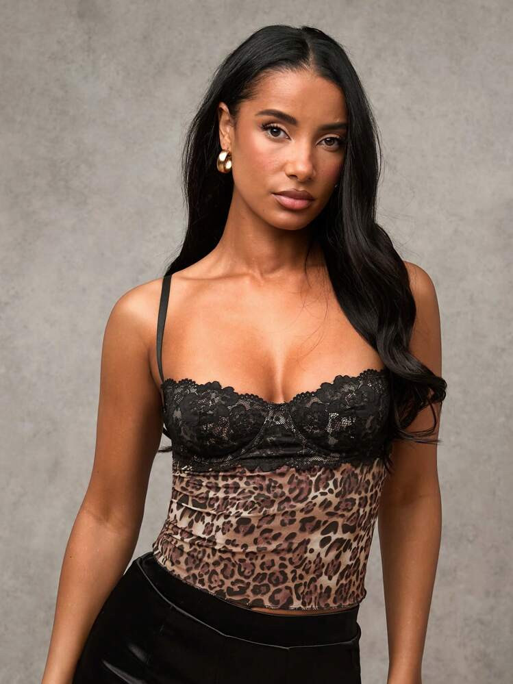 SHEIN BAE Women's Brown Leopard Print Mesh Lace Patchwork Sexy Spaghetti Strap Fashion Camisole, Suitable For Outing, Date Night, Theme Party, Festival, Bustier Top | SHEIN