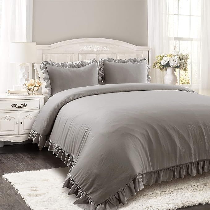Lush Decor - 16T002162 Reyna Comforter Ruffled 3 Piece Bedding Set with Pillow Shams, King, Gray | Amazon (US)
