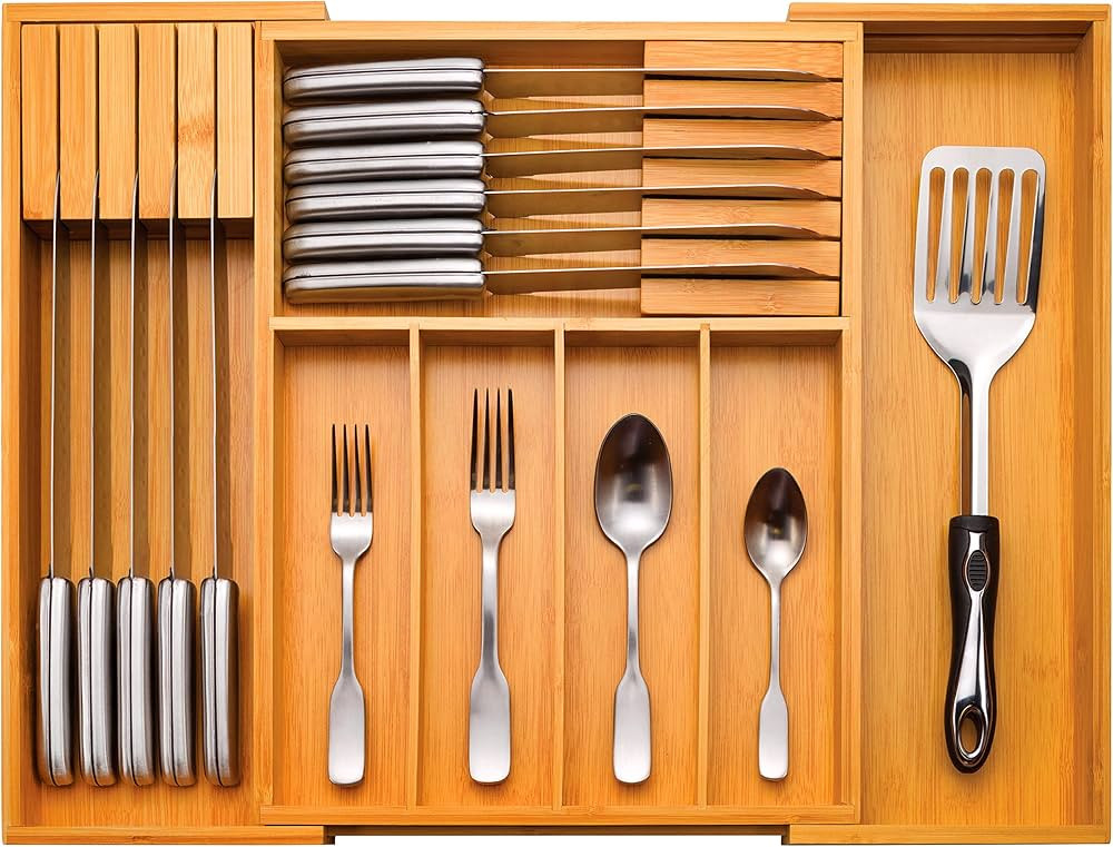 Utensil Organizer for Kitchen Drawers - Bamboo Silverware Organizer - Expandable Utensil Holder a... | Amazon (US)