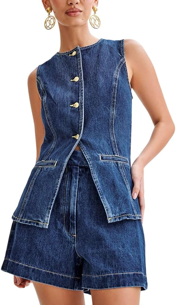 ELFTOWN Women's Denim 2 Piece Outfits Casual Button Down Sleeveless Top Trendy High Waist Jean Sh... | Amazon (US)