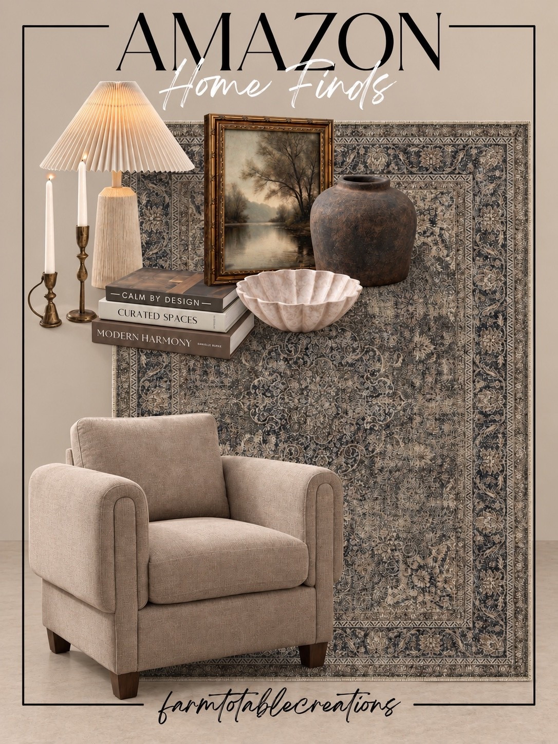 Amazon Cozy Collected Home Finds 🤎

These Amazon home finds are the perfect mix of cozy, timeless, and collected. The vintage-inspired rug paired with warm brown tones, an upholstered accent chair, pleated lamp, aged brass candlesticks, and moody artwork creates that designer look without feeling overly styled.

I especially love the mix of soft textures with darker, aged finishes—it gives the entire look so much warmth and character while staying neutral enough to work year-round.

Follow @farmtotablecreations on Instagram for more cozy home finds and trending decor.

#LTKHome #AmazonHome #AmazonFinds #AmazonDecor #CozyHome #NeutralHome #VintageInspired #DesignerInspired #HomeDecor #WarmNeutrals #CollectedHome #CozyDecor #AmazonMustHaves #LTKFinds

#LTKHome #LTKSaleAlert