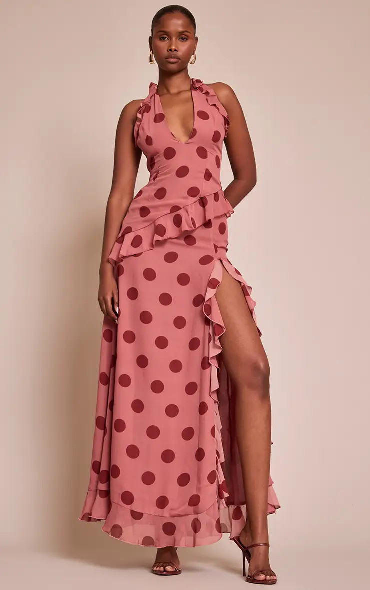 Skirts | Brown Polka Dot Chiffon Ruched Drop Waist Maxi Skirt | PrettyLittleThing | PrettyLittleThing US