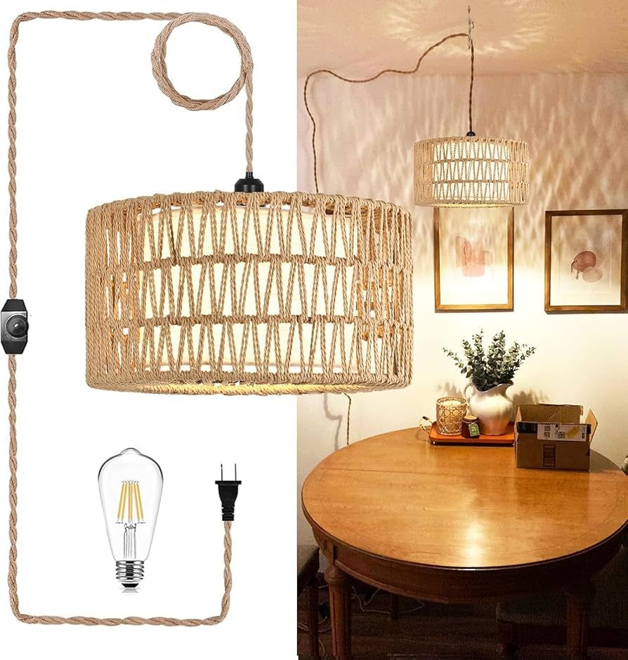 Plug in Pendant Light Hanging Lights with Plug in Cord Hanging Lamp Rattan Boho Dimmable,Wicker B... | Amazon (US)
