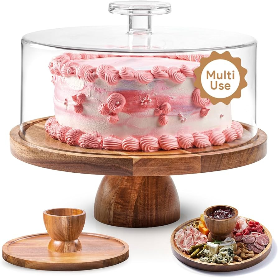 Acacia Wood Cake Stand with Lid - Multifunctional 12 In Round Cake Holder, Dessert Table Display ... | Amazon (US)