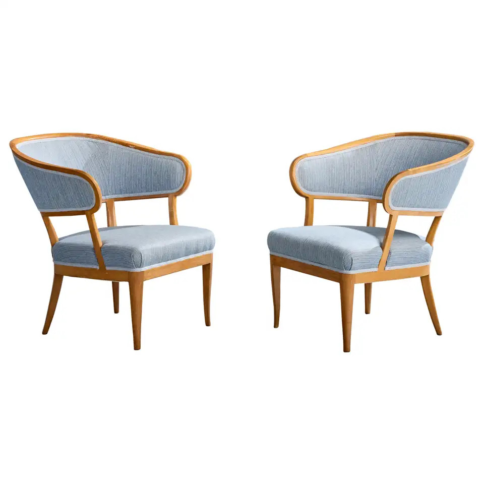 Carl Malmsten, Lounge Chairs, Walnut, Fabric, Sweden, 1950s | 1stDibs