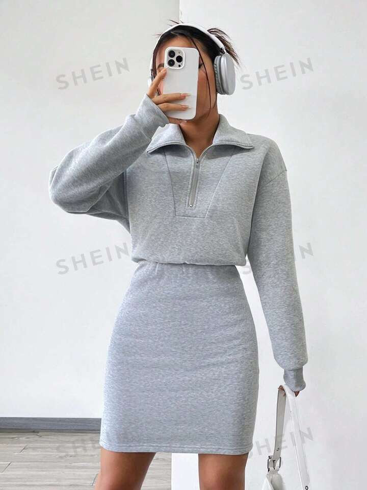 SHEIN EZwear Solid Color Drop Shoulder Cinching Waist Sweatshirt | SHEIN
