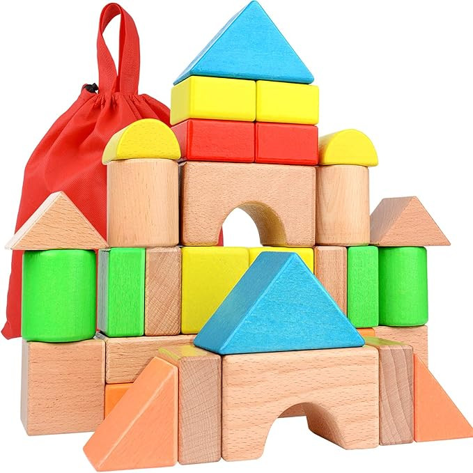 Large Wooden Building Blocks Set - Educational Preschool Learning Toys with Carrying Bag, Toddler... | Amazon (US)