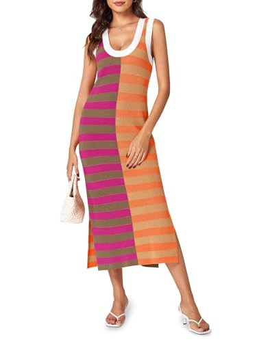 Wenrine Womens Summer Striped Dress Sleeveless Knitted Contrast Color Side Slit Casual Maxi Beach... | Amazon (US)