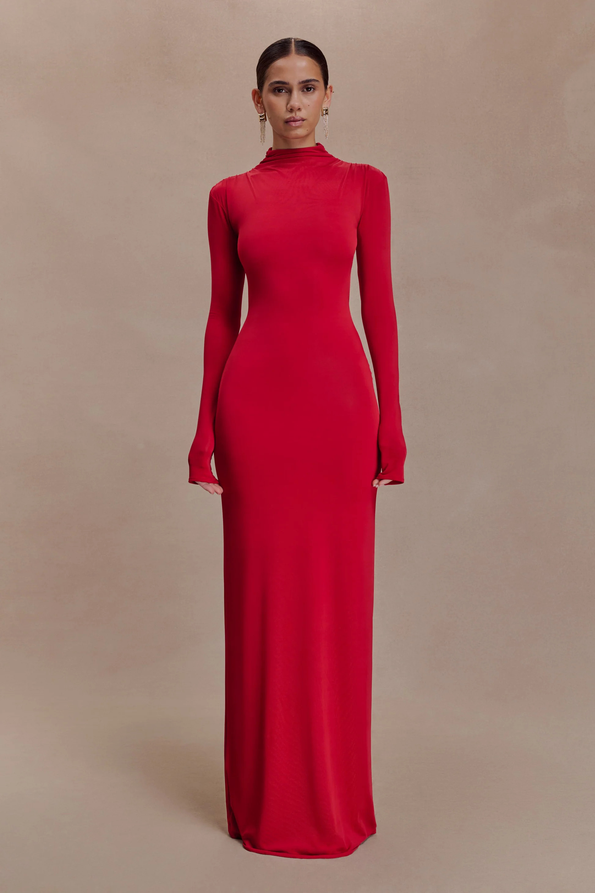 Kiyah Slinky Cut Out Maxi Dress - Red | MESHKI US