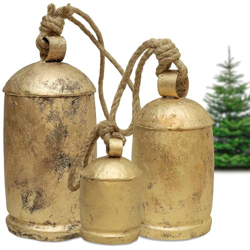 Decorative Cow Bells Set of 3 Large Harmony Bells - Vintage Giant Christmas Bells, Country Rustic Cowbells with Jute Rope - XL Hanging Lucky Golden Bells for Farmhouse Decor, Holiday, Home (6"-8"-10") | Amazon (US)