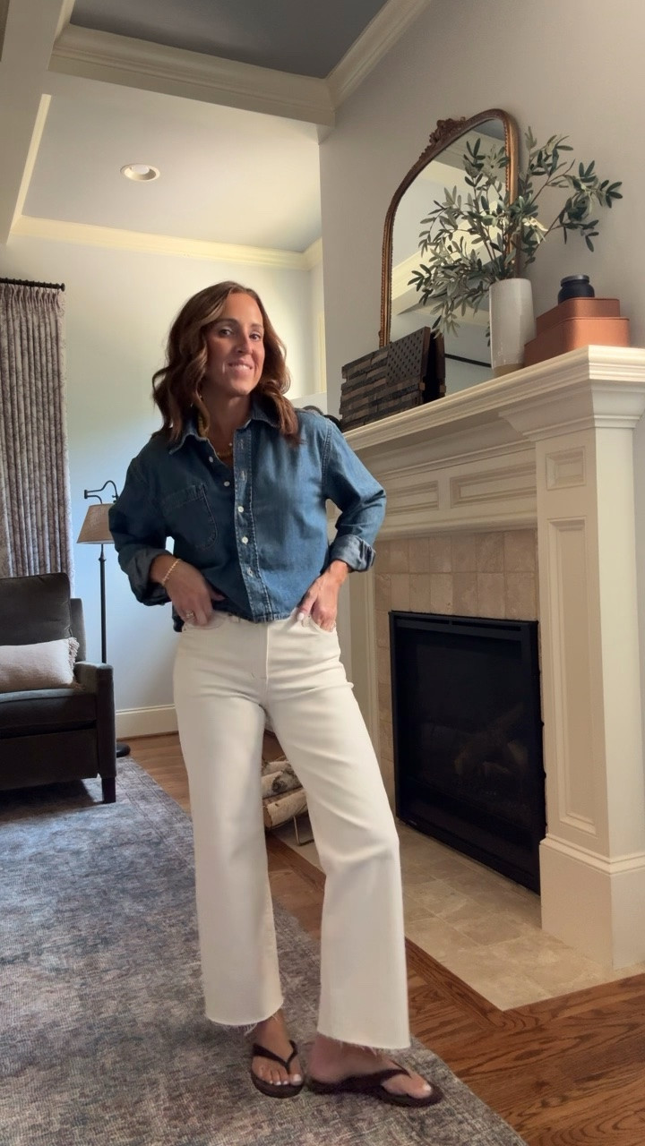 Denim on denim. Ecru jeans for Fall. Cropped denim shirt. 
Shirt XS. Jeans go down 1 size, 24

#LTKootd #LTKOver40 #LTKSeasonal