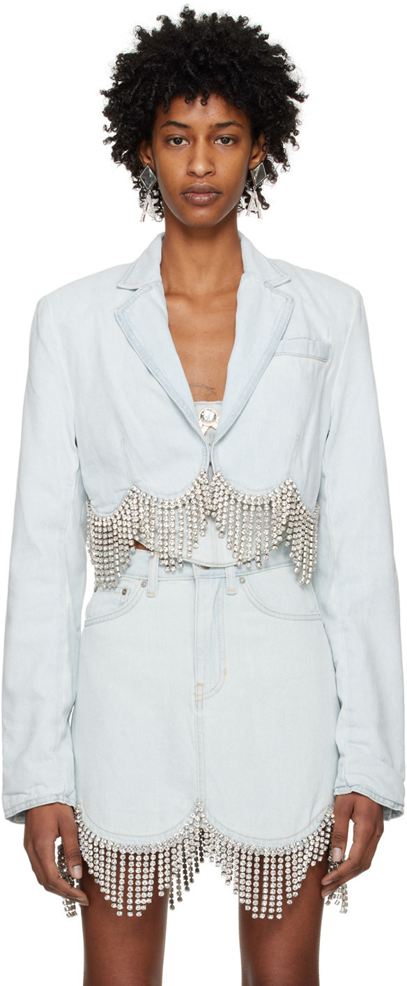 AREA Blue Scalloped Crystal Denim Jacket | SSENSE