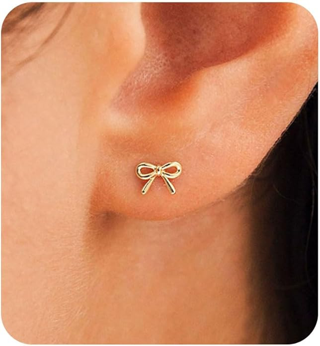 HANLI Gold Studs Earrings for Women - 14K Gold Plated Bow Stud Earrings for Women Small Ribbon St... | Amazon (US)