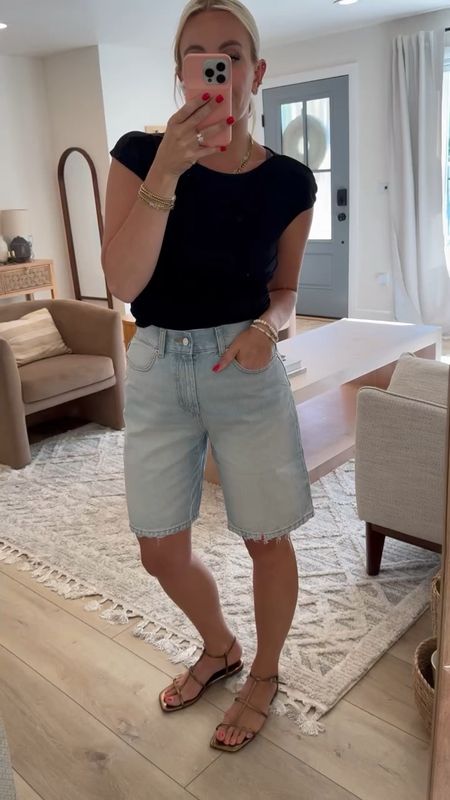 ASOS denim shorts! They’re high rise with more length and come in a few colors! I’m wearing a size 4 and would suggest your normal size! 

#LTKFindsUnder50 #LTKStyleTip #LTKSaleAlert