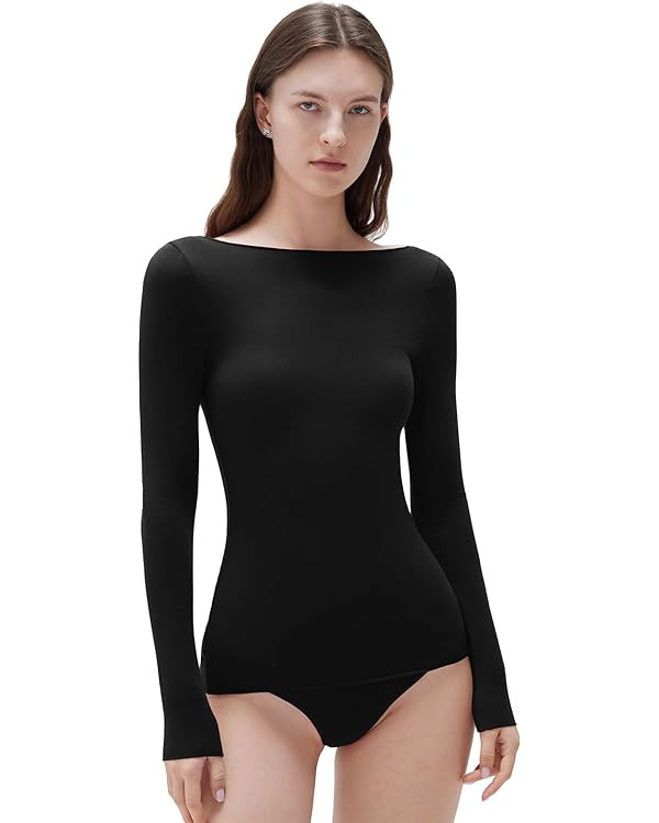 SUUKSESS Cloud Cashmere Women Boat Neck Fitted Long Sleeve Shirt Basic Knit Tops | Amazon (US)