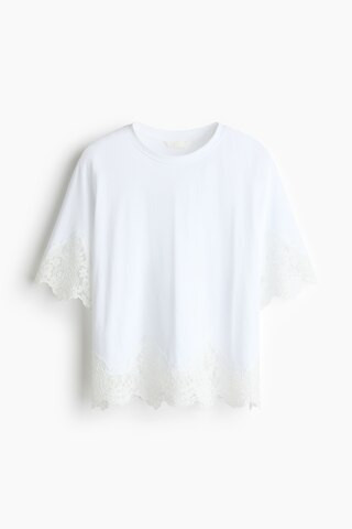 H & M - Lace-Trimmed Cotton T-Shirt - White/Cream | H&M (US + CA)