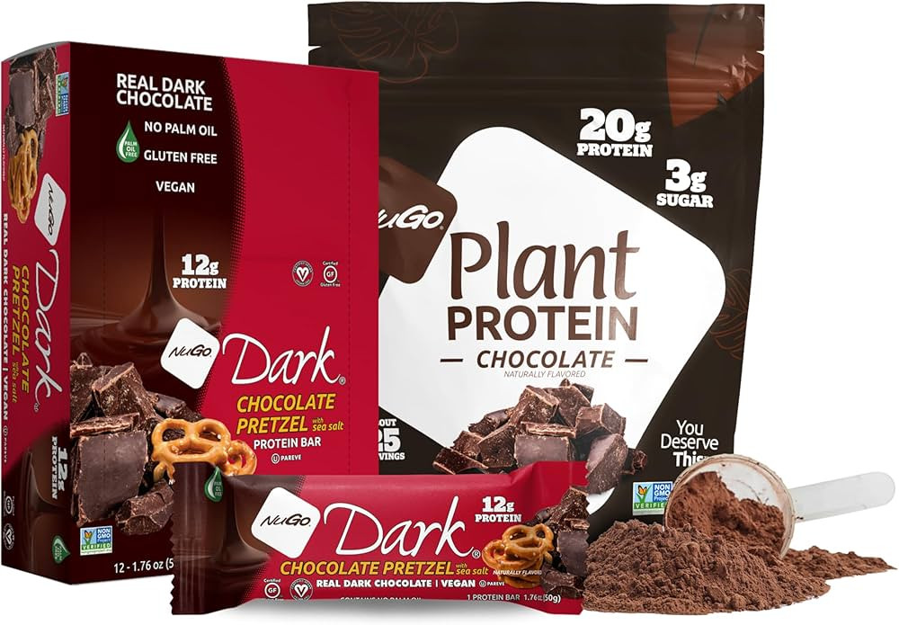 NuGo Dark Chocolate Pretzel w/SS, 12g Protein Bar, Vegan, Gluten Free, Kosher Pareve, Non-GMO, 12... | Amazon (US)