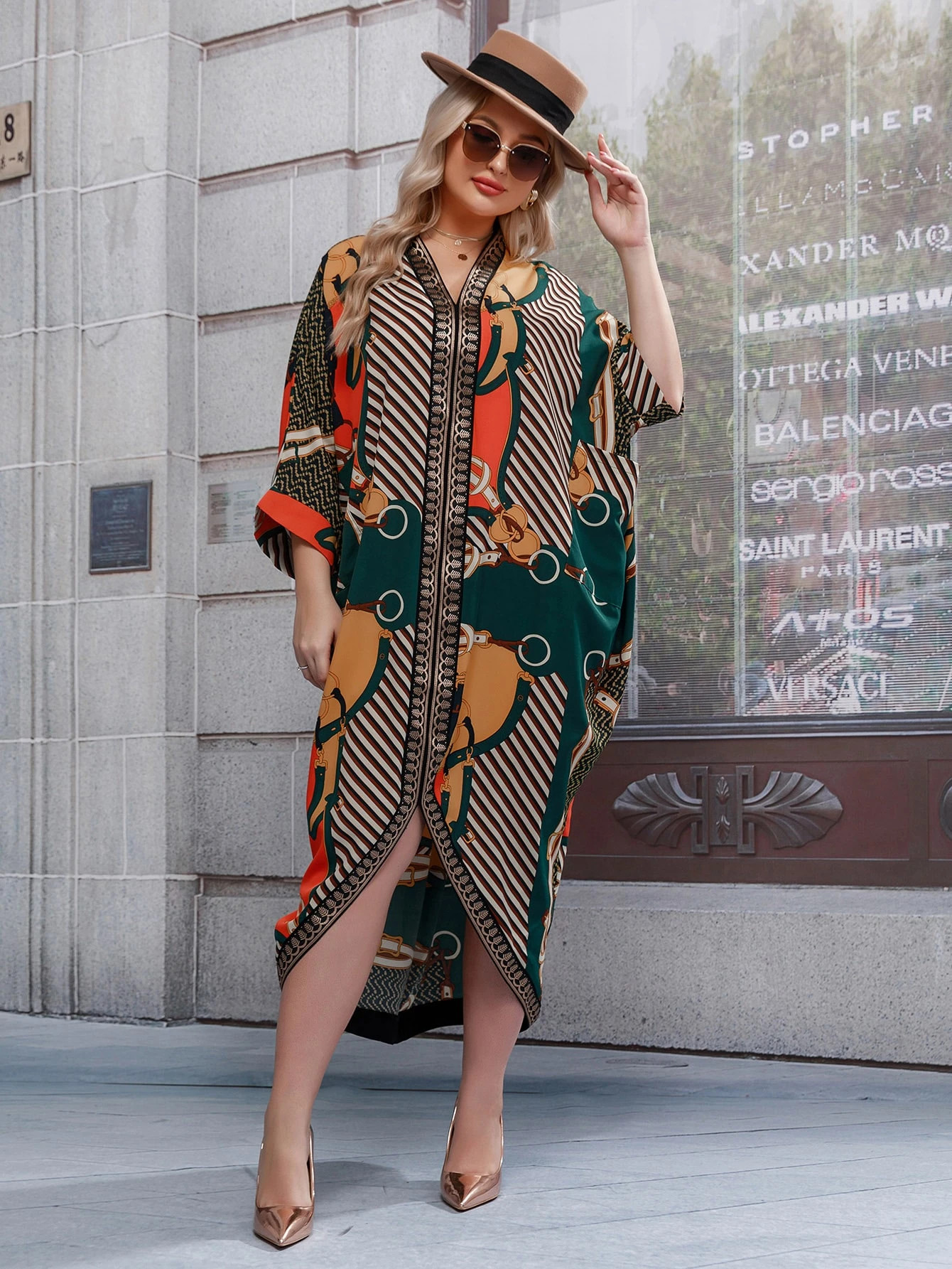 Plus Chevron And Chain Print Kaftan Dress | SHEIN
