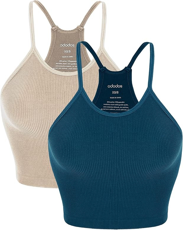 ODODOS Women's Crop 3-Pack Washed Seamless Rib-Knit Camisole Crop Tank Top | Amazon (US)