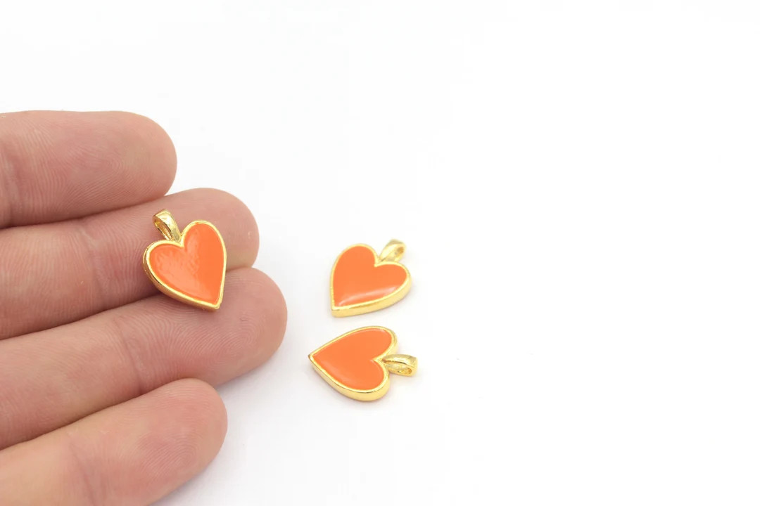 14x17mm 24k Shiny Gold Heart, Orange Enameled Pendant, Mini Hearts Charms, Heart Pendant, Tiny He... | Etsy (US)
