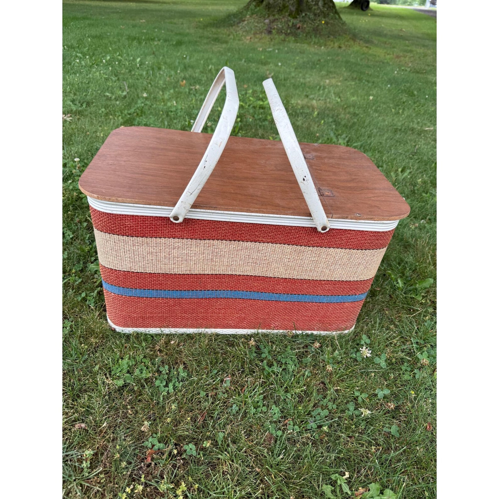 Vintage Woven Picnic Basket Wood Lid White Handles Red Blue Beige Stripes | Etsy (Global)