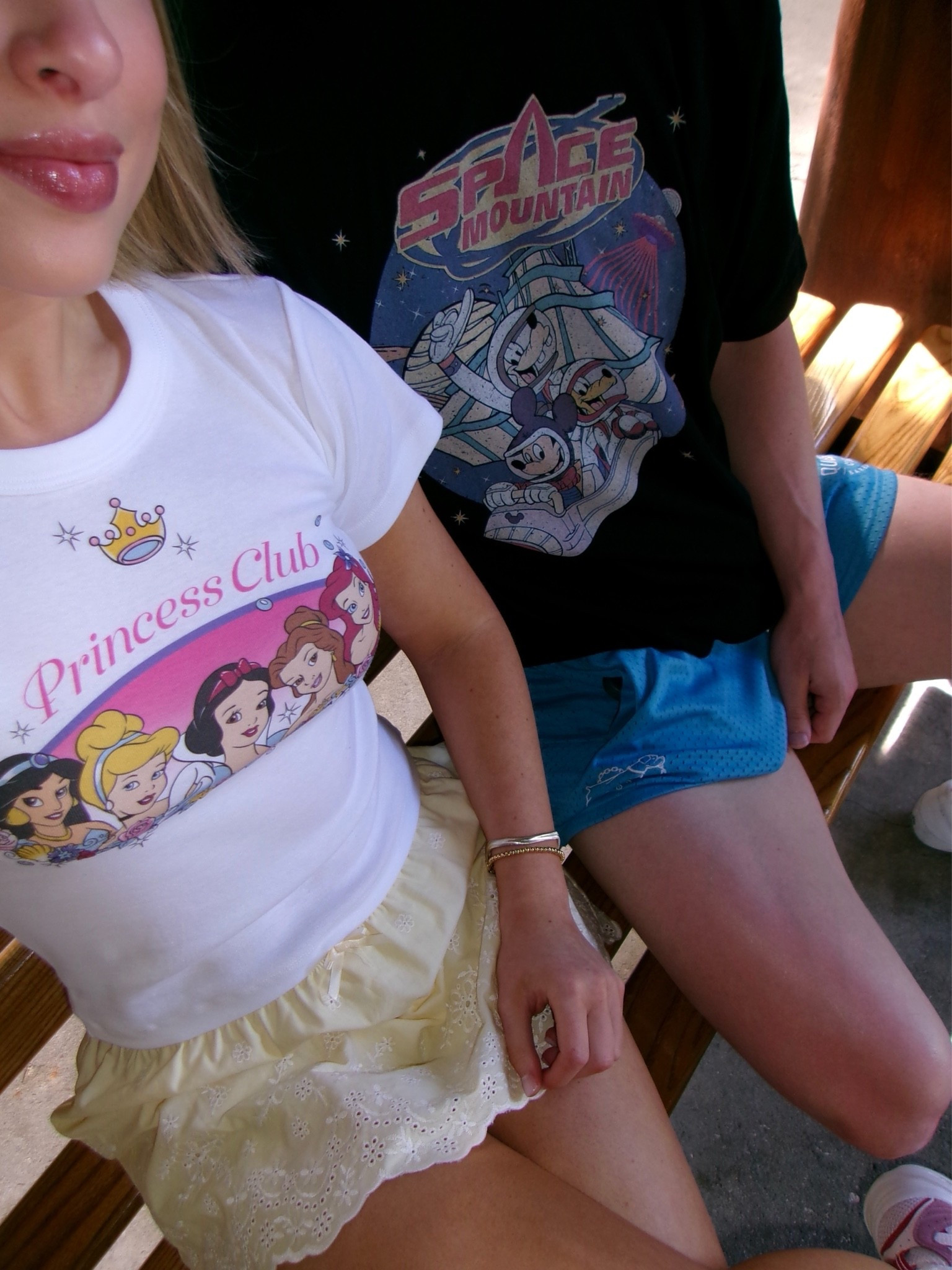 Cam’s Space Mountain tee is from AOCTW (Can’t link, so I linked an Etsy option)
My Disney princess baby tee is from Kachow Vintage (I can’t link it, so I linked some other options) 
Target yellow eyelet mini skort in size S
Amazon pink Minnie ears & white ruffle socks
New Balance 530’s
Baublebar earrings & bracelets

#LTKootd