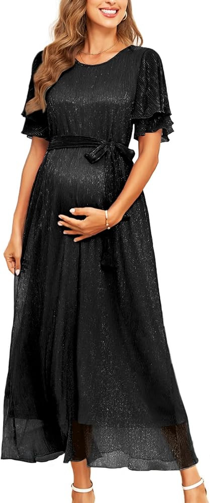 2025 Maternity Sparkly Mesh Maxi Flowy Dress with Belt Ruffle Sleeves Pregnant Long Dress Baby Sh... | Amazon (US)
