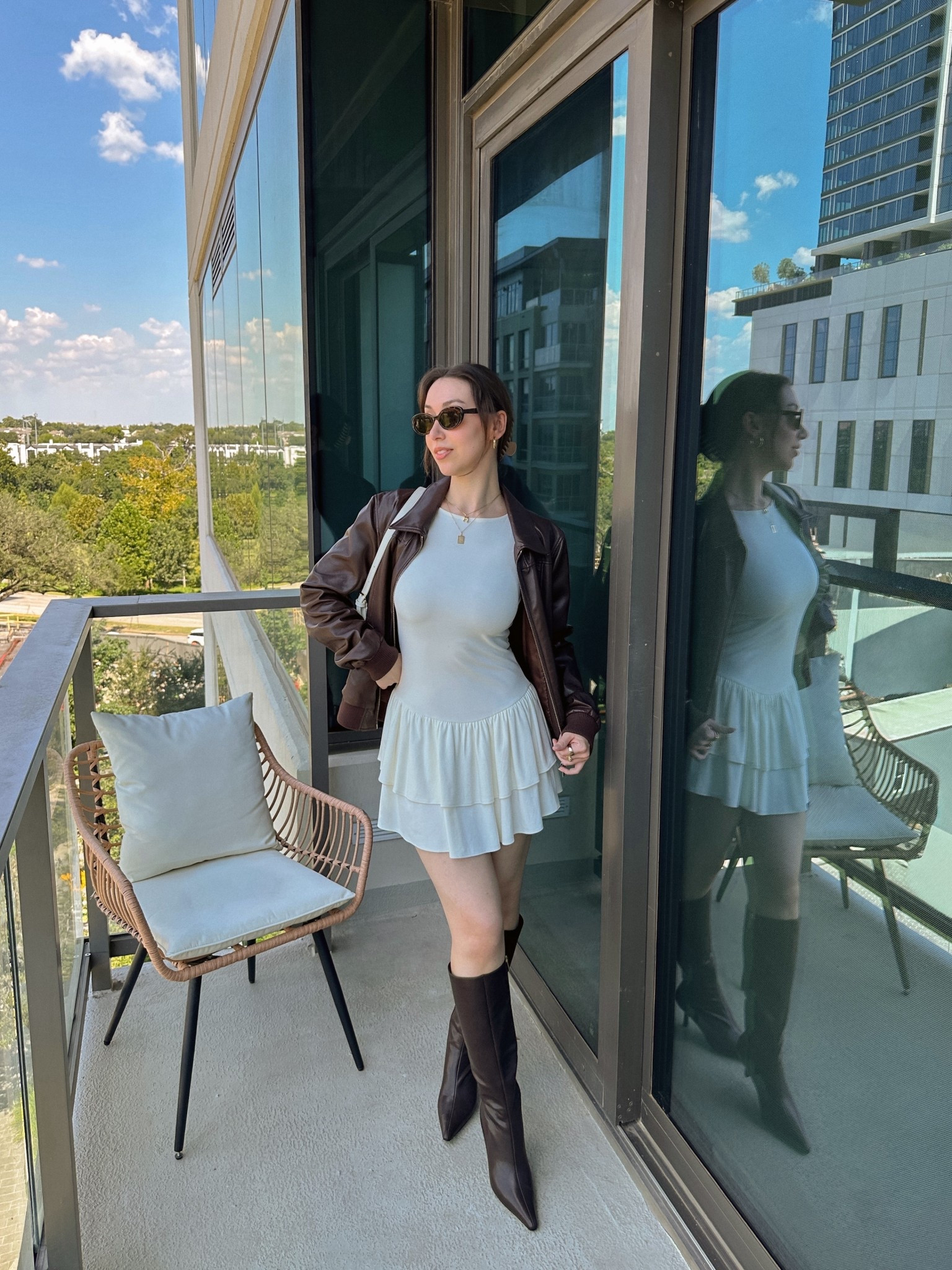 easy fall outfit formula: mini dress, vegan leather jacket, and knee-high boots 🤎🧸🍨 

• jacket: aritzia from a few years ago (added super similar ones - I got a size L for a roomy fit) 
• dress: aritzia (wearing size S - true to size and still long enough for my 5’6 girlies!) 
• boots: justfab (added similar) 
• shoulder bag: amazon 
• oval tortoiseshell sunnies: amazon 
• M necklace: baublebar 

#LTKSeasonal #LTKShoeCrush #LTKStyleTip