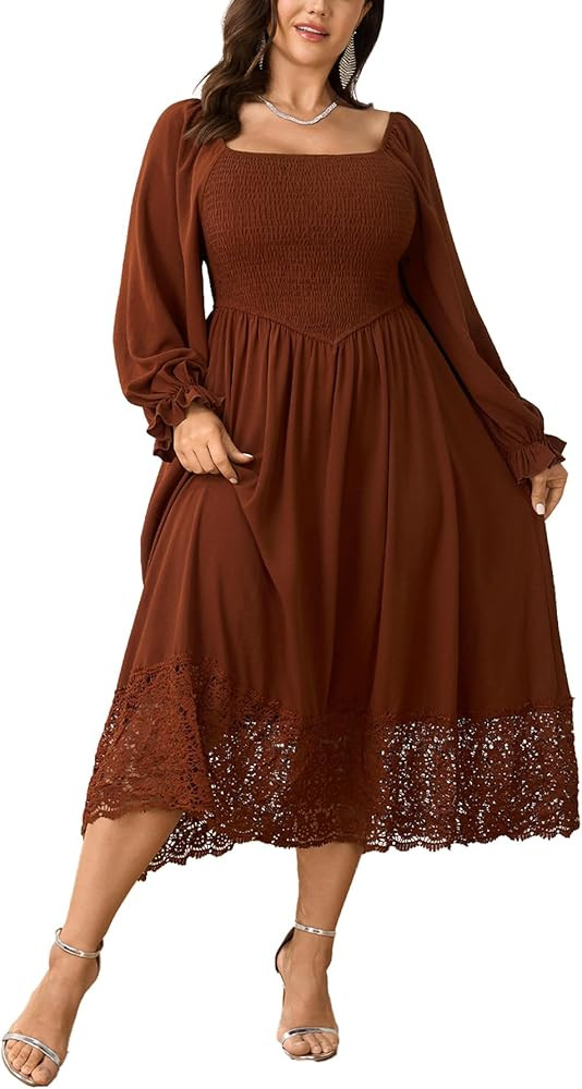 Women's Plus Size Maxi Dress Long Sleeve Square Neck Smocked Flowy A-Line Lace Trim Wedding Guest... | Amazon (US)