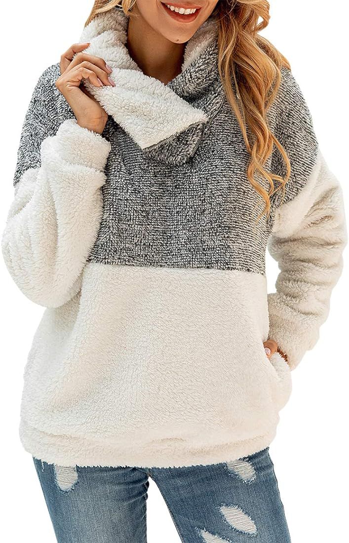 KIRUNDO 2023 Fall Winter Women's Lapel Fuzzy Fleece Sweatshirt Faux Shearling Zip Warm Sherpa Pul... | Amazon (US)