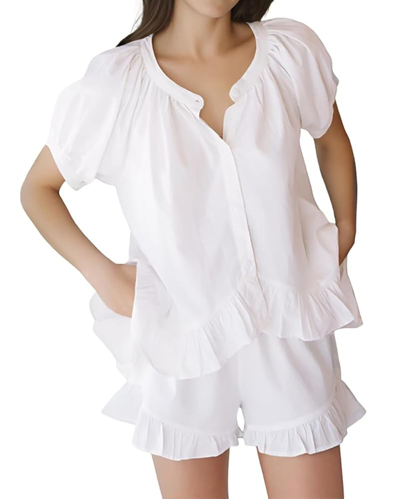 Womens Fashion Summer Short Sets Short Sleeve Button Down Ruffle Trim Top and Shorts Cotton Pajam... | Amazon (US)